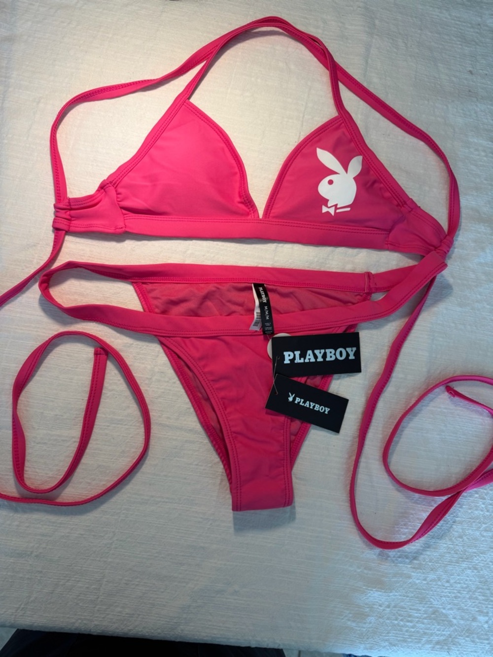 Playboy NWT Pink Triangle String Bikini Set top XS & bottom Med